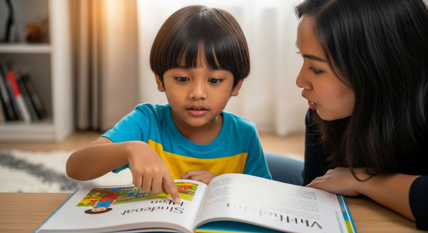 Kanak-kanak Melayu menunjuk perkataan dalam buku sambil bertanya soalan kepada ibu, menunjukkan rasa ingin tahu terhadap teks.