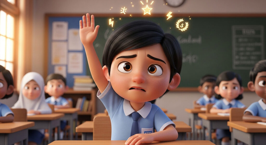 Kanak-kanak Melayu gaya Pixar mengangkat tangan perlahan-lahan dalam kelas dengan ekspresi malu tetapi berani.