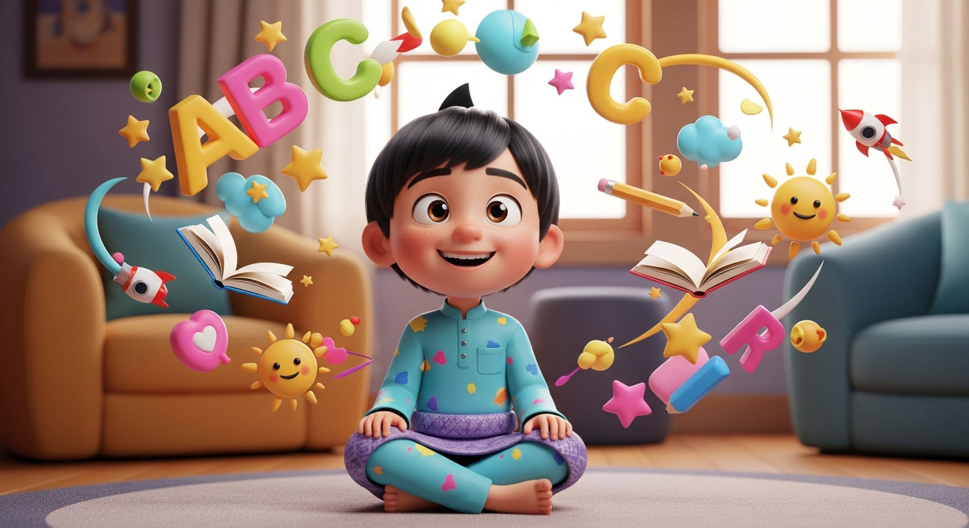 Kanak-kanak Melayu gaya Pixar duduk membaca dengan huruf ABC, bintang dan ikon berwarna melayang di sekelilingnya.