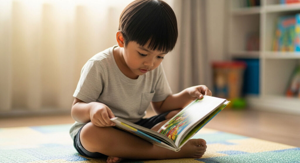 Kanak-kanak Melayu membuka buku bergambar sendiri di atas tikar membaca sambil melihat ilustrasi dengan penuh minat.