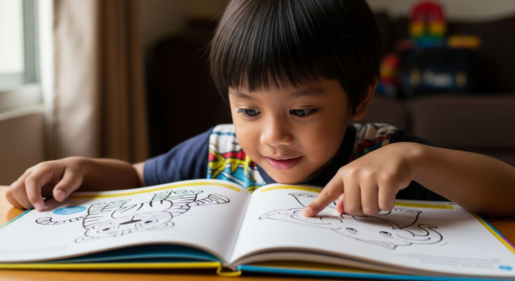 Kanak-kanak Melayu meneliti buku bergambar sambil menjejak bentuk dan haiwan dengan jari, menunjukkan fokus dan rasa ingin tahu.