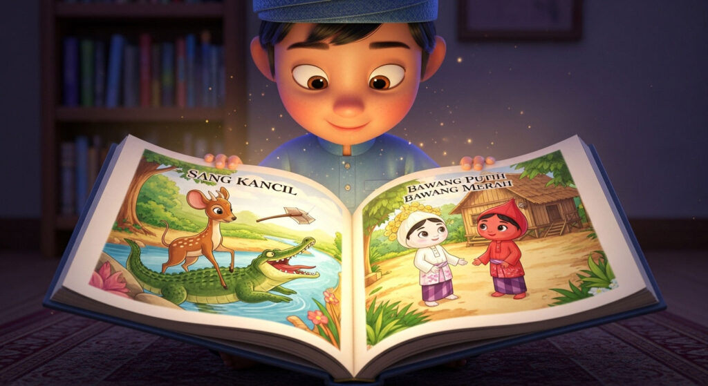 Kanak-kanak Melayu gaya Pixar mendengar buku ajaib bercahaya memaparkan watak cerita rakyat seperti Sang Kancil dan Bawang Putih Bawang Merah.
