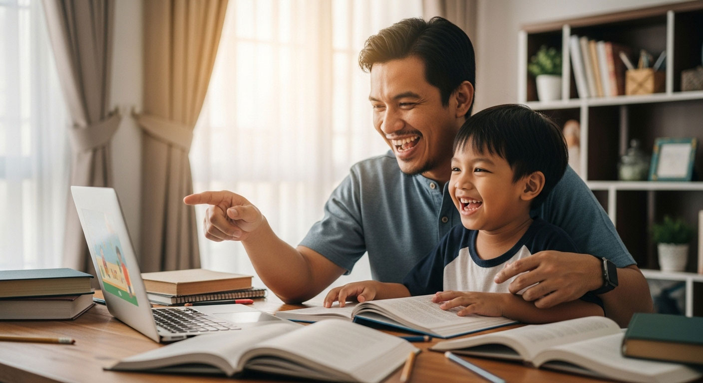 Ibu bapa Melayu duduk di meja belajar bersama anak sambil ketawa dan membaca buku bersama dalam suasana ceria.