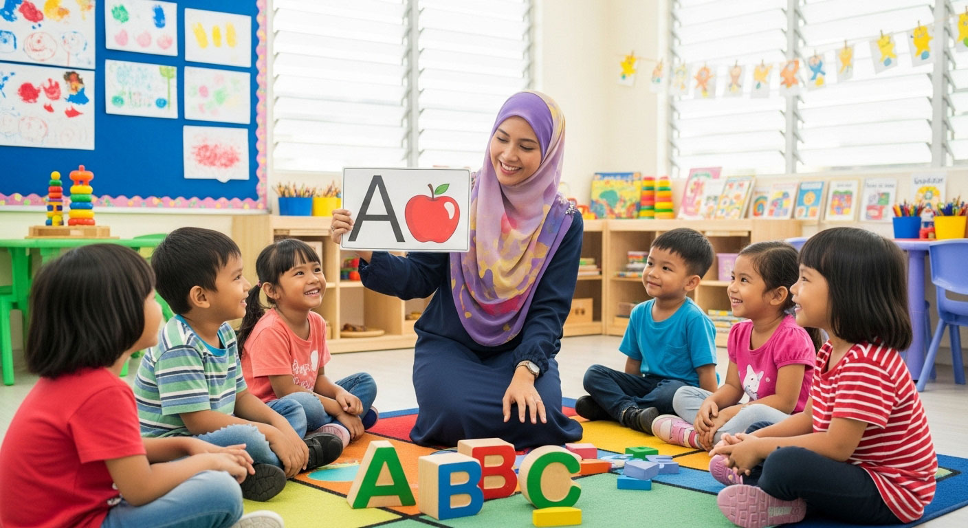 Guru prasekolah Melayu menggunakan kad bergambar dan blok berwarna untuk mengajar huruf kepada kanak-kanak yang tersenyum ceria.