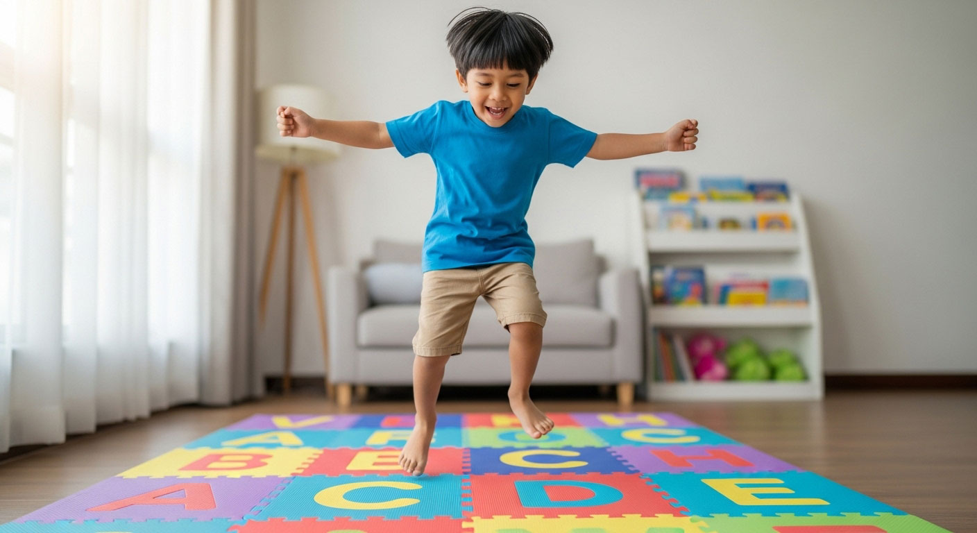 Kanak-kanak Melayu melompat di atas tikar huruf sambil memadankan bunyi huruf, menunjukkan gaya belajar kinestetik.