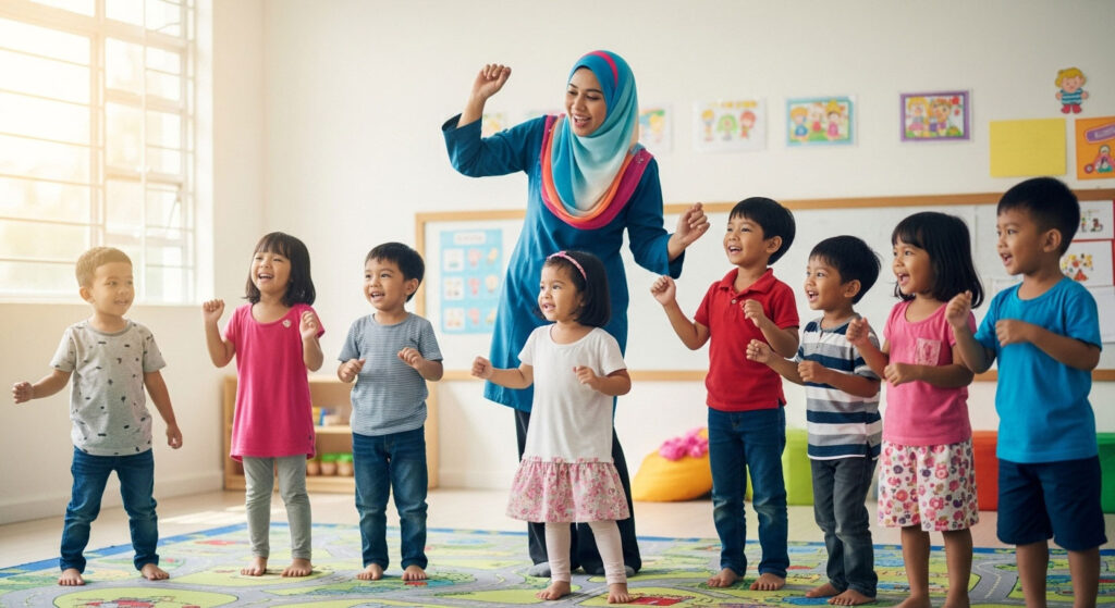 Guru prasekolah Melayu memimpin kanak-kanak 4–5 tahun menyanyi dan bergerak mengikut isyarat tangan sebagai kaedah pembelajaran ritma dan pergerakan.