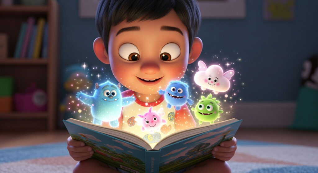 Kanak-kanak Melayu gaya Pixar membaca buku bergambar dengan watak 3D bercahaya muncul keluar dari halaman.