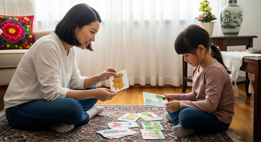 Ibu bapa Melayu berbual lembut dengan anak pemalu menggunakan kad bergambar di sudut kecil yang selesa.