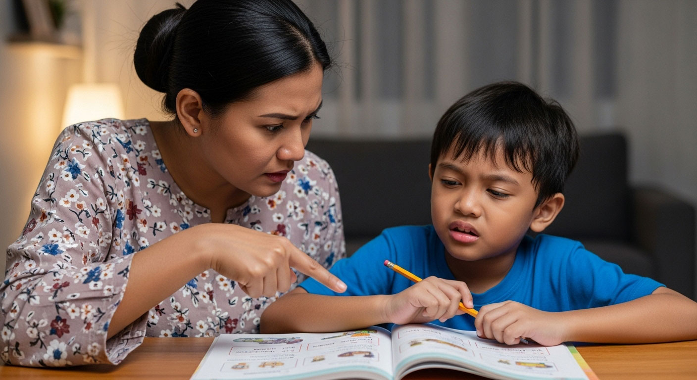 Ibu bapa menunjuk buku dengan tegas sambil anak kelihatan tertekan cuba menghafal perkataan tanpa memahami bunyi huruf.