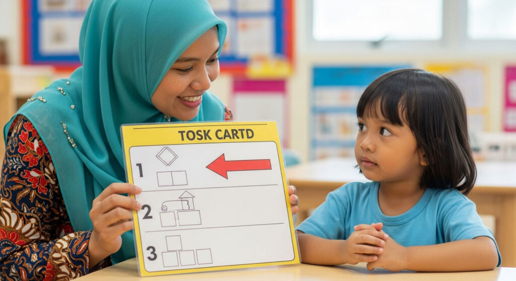 Guru menunjukkan kad tugasan langkah demi langkah kepada murid 5 tahun untuk bantu anak fokus pada satu aktiviti pada satu masa.