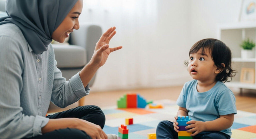 Ibu bapa Melayu membuat isyarat tangan comel seperti lambaian kecil atau mini heart untuk menarik perhatian anak dengan cara positif.
