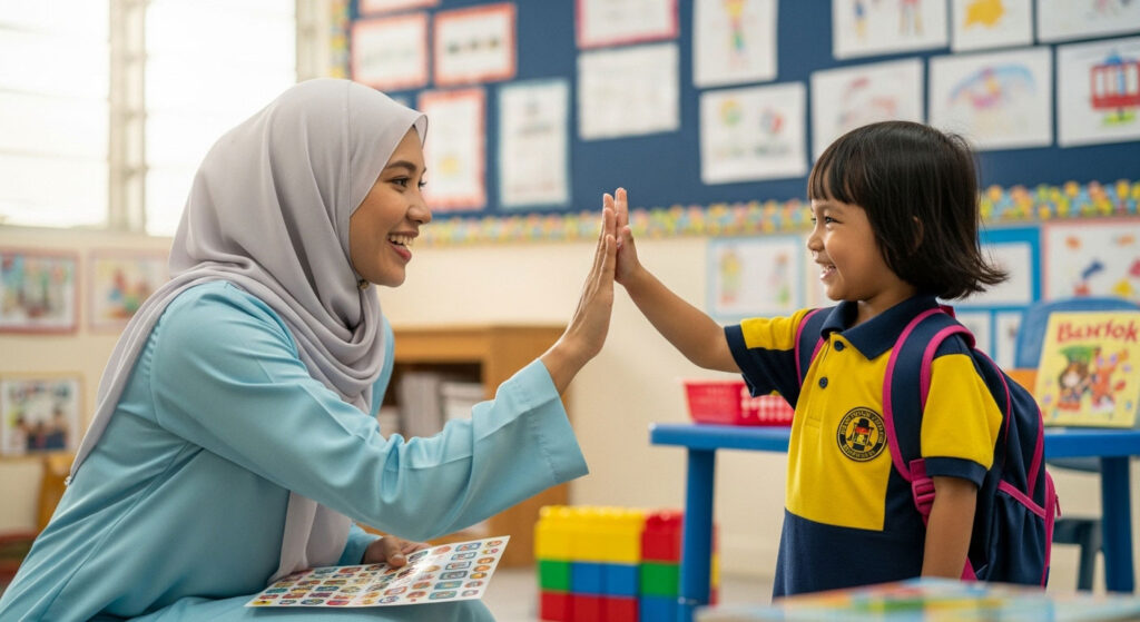 Guru Melayu tunduk memberi high-five atau pelekat kepada murid 4 tahun yang berjaya siapkan tugasan mudah di kelas.