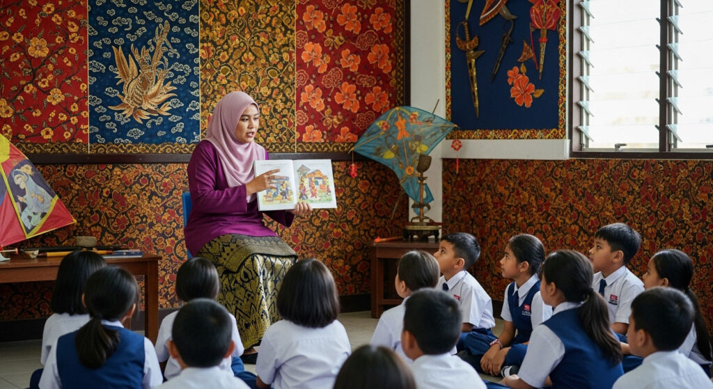 Guru Melayu bercerita kisah rakyat kepada murid di kelas dengan latar hiasan batik dan motif tradisional, memupuk kecintaan pada budaya.