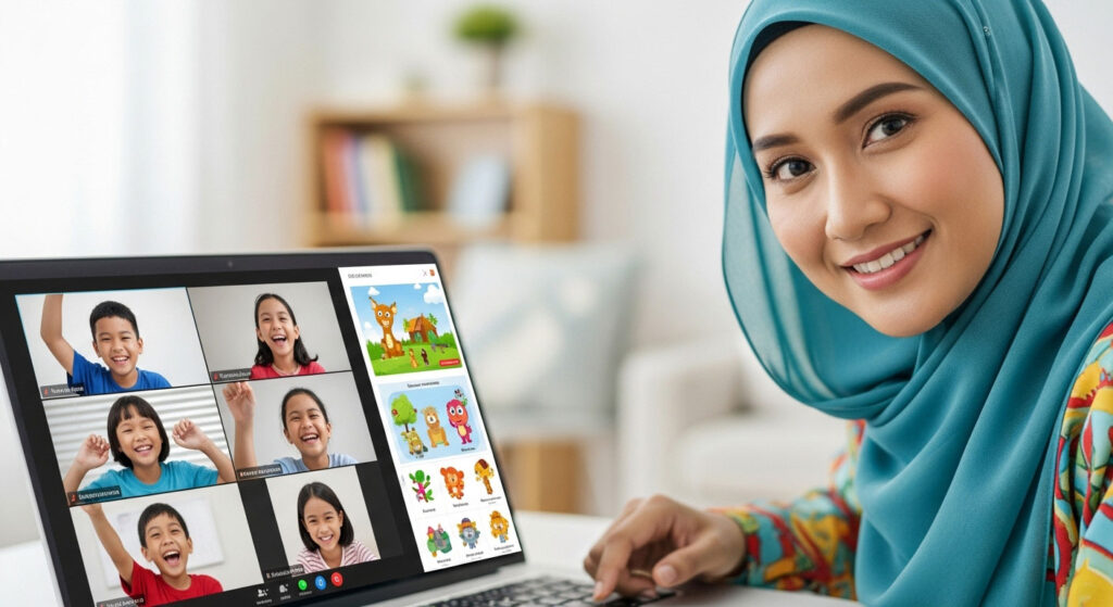Guru Melayu mengajar secara online dengan visual berwarna di skrin, murid tersenyum dan aktif berinteraksi semasa kelas.