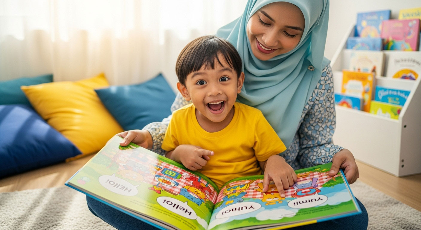 Ibu dan anak membaca buku bergambar berwarna-warni bersama di sudut membaca yang ceria.