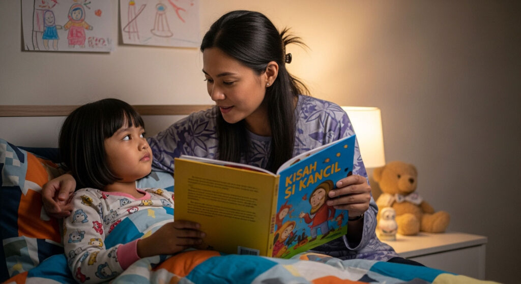 Ibu bapa membaca buku cerita bersama anak di sudut membaca yang cerah dan selesa, membina hubungan rapat dan minat membaca.