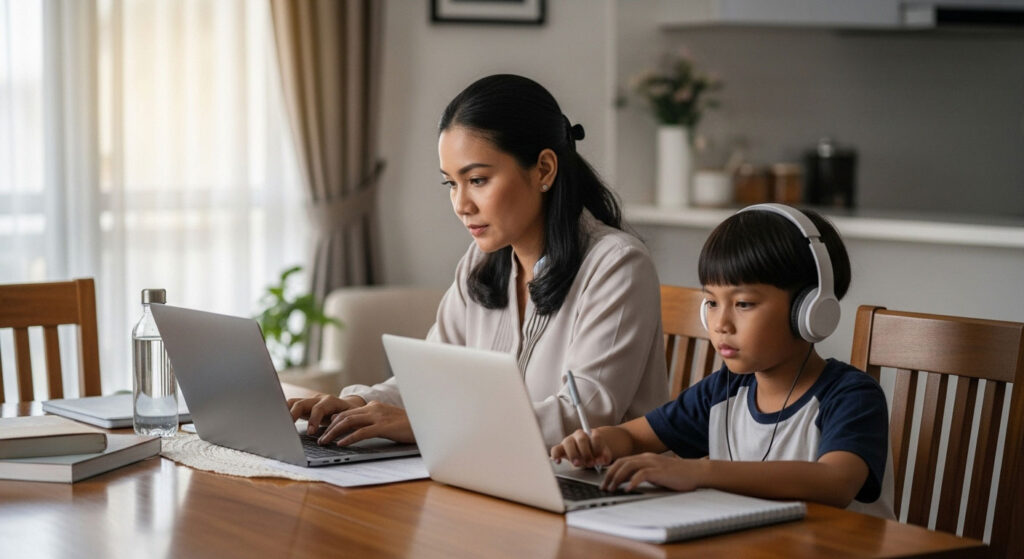 Ibu bekerja di laptop sambil anak menghadiri kelas online di sebelah, menunjukkan keseimbangan antara kerja dan pembelajaran.