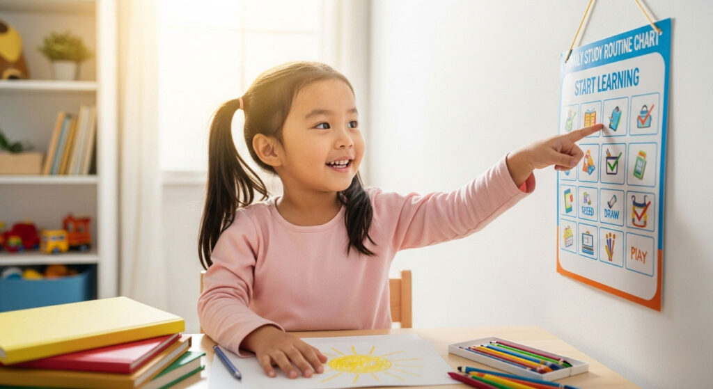 Kanak-kanak Melayu tersenyum sambil menanda jadual belajar harian di meja kecil dengan jam dan carta rutin di dinding.