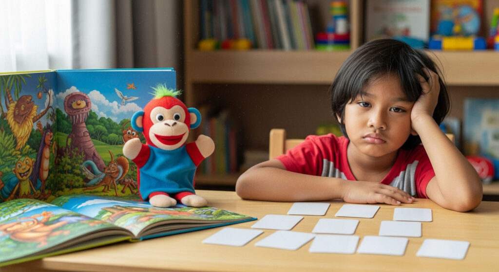 Anak kecil kelihatan bosan dengan kad imbas hitam putih, sedangkan buku bergambar dan boneka berwarna-warni dibiarkan di tepi.