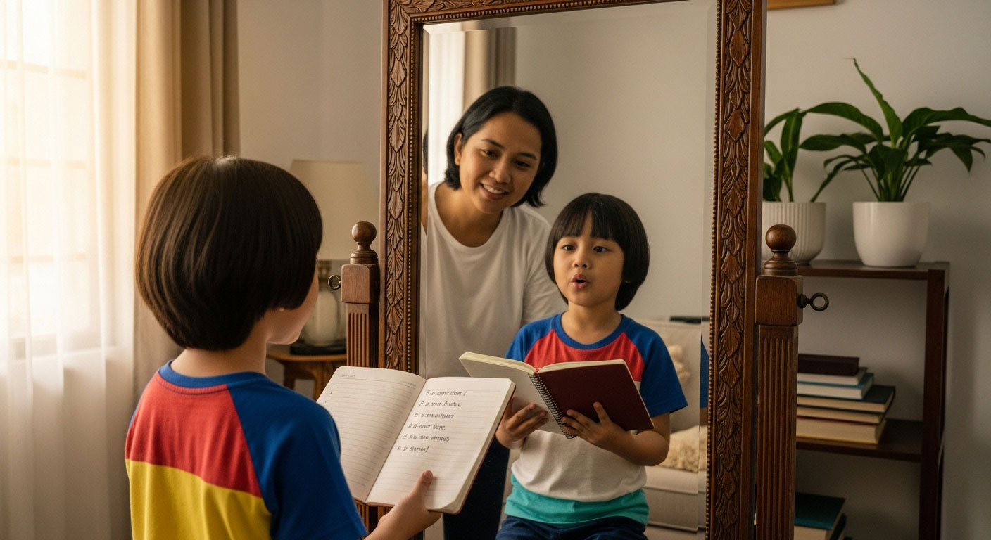 Anak Melayu pemalu berlatih bercakap depan cermin sambil ibu atau bapa memberi sokongan dengan senyuman.
