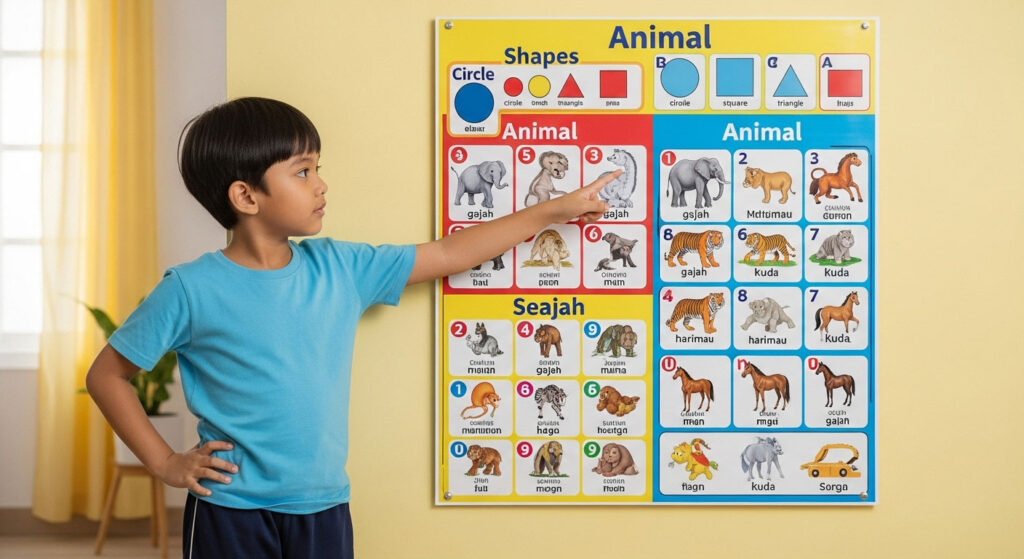 Kanak-kanak Melayu 6–7 tahun melihat carta berwarna di dinding sambil tunjuk gambar dan perkataan dengan ekspresi teruja.