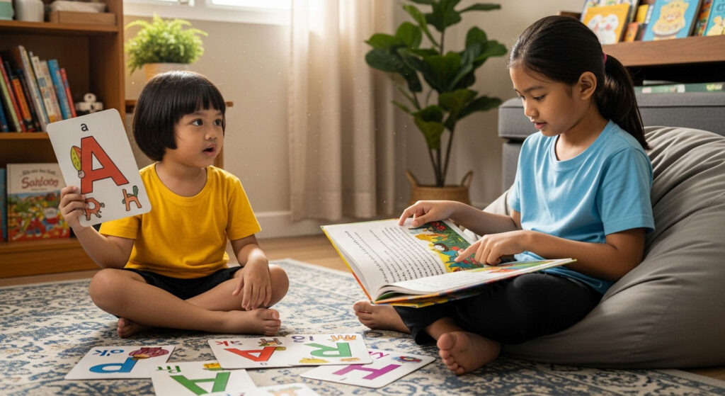 Anak 4 tahun bermain dengan kad huruf berwarna, manakala anak 7 tahun membaca ayat mudah dari buku cerita.