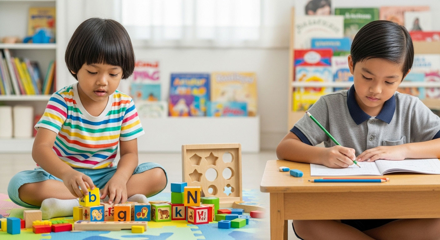 Anak 4 tahun belajar melalui permainan blok dan kad bergambar, manakala anak 7 tahun fokus menyiapkan lembaran kerja di meja.