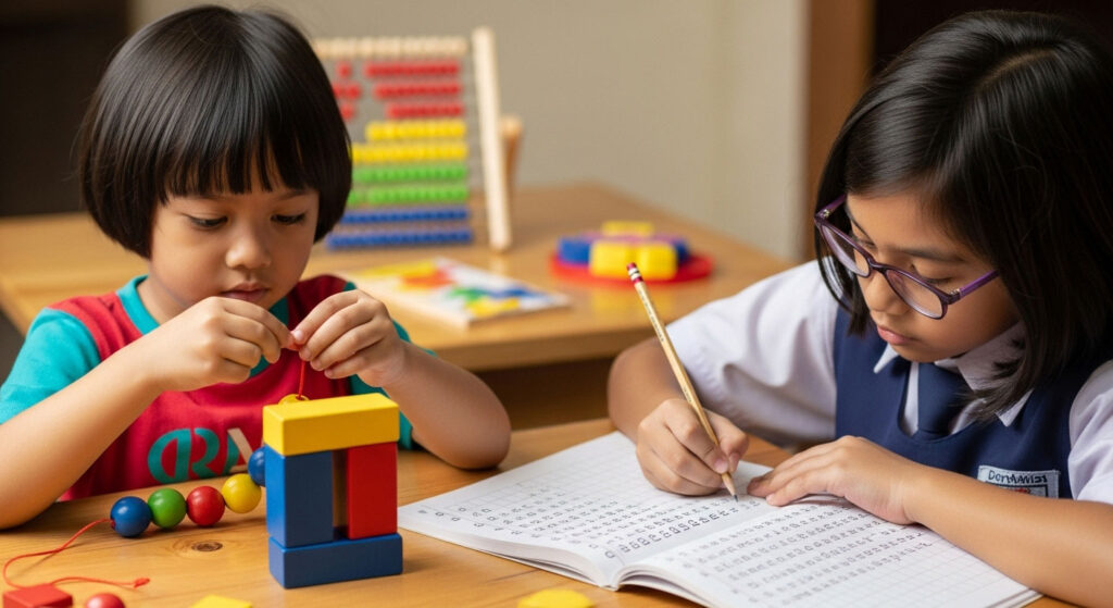 Anak 4 tahun memegang manik besar atau menyusun blok, manakala anak 7 tahun menulis kemas dalam buku latihan.