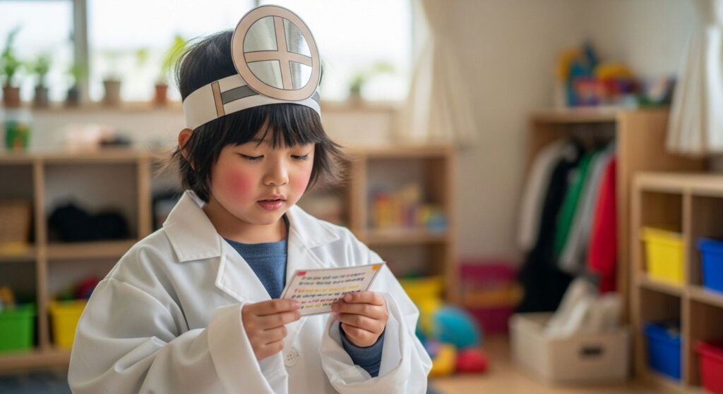 Anak pemalu Melayu memakai topi kostum mudah seperti doktor atau cikgu sambil berlatih bercakap dalam aktiviti role play.