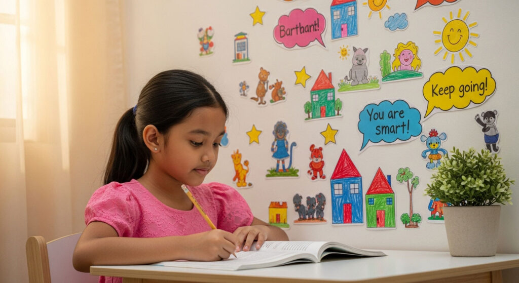 Kanak-kanak Melayu belajar di sudut berwarna cerah dengan dinding dihiasi pelekat bintang, lukisan dan kata semangat.