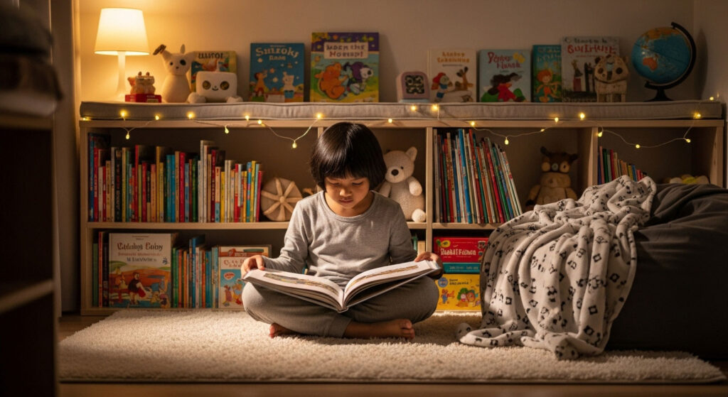 Kanak-kanak Melayu duduk di karpet lembut di sudut membaca mini, dikelilingi rak buku rendah dan suasana cerah yang menenangkan.