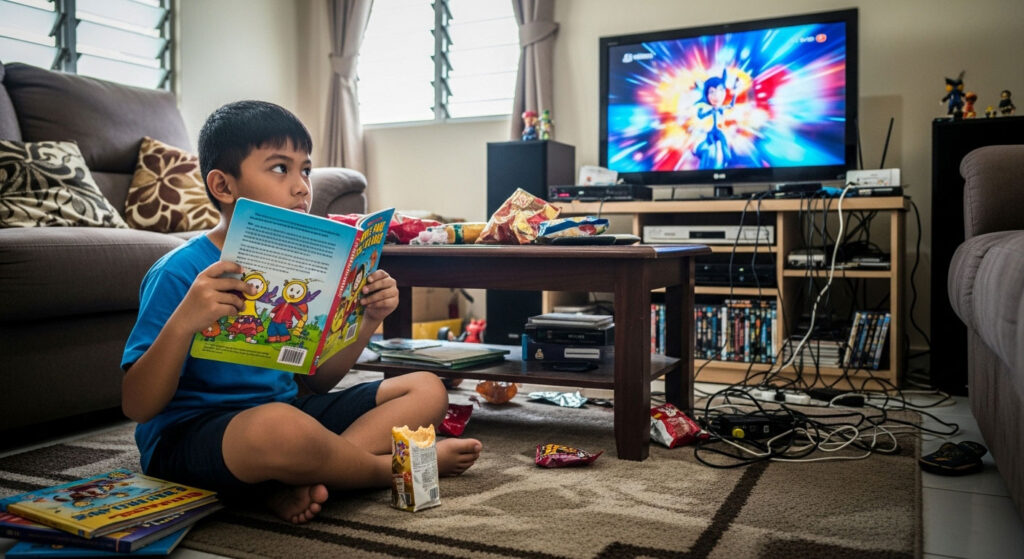 Anak kecil cuba membaca di ruang tamu bising dengan TV terbuka dan mainan berselerak, menunjukkan gangguan semasa belajar.
