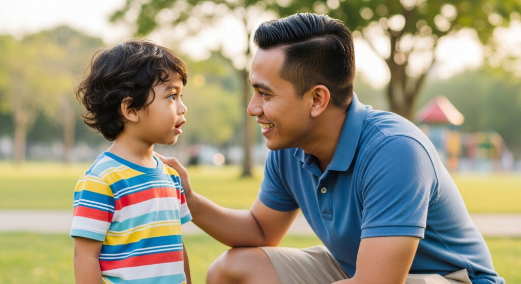 Ibu bapa Melayu merendahkan badan ke paras mata anak sambil tersenyum, membantu menarik perhatian anak dengan cara lembut.