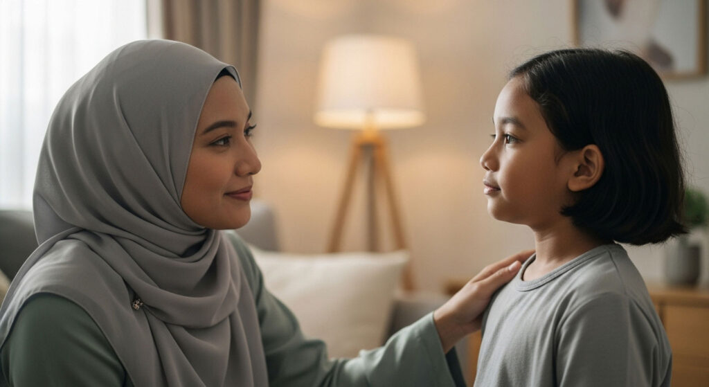 Ibu bapa Melayu menyentuh bahu anak dengan lembut sambil tersenyum, membantu menarik perhatian tanpa marah.