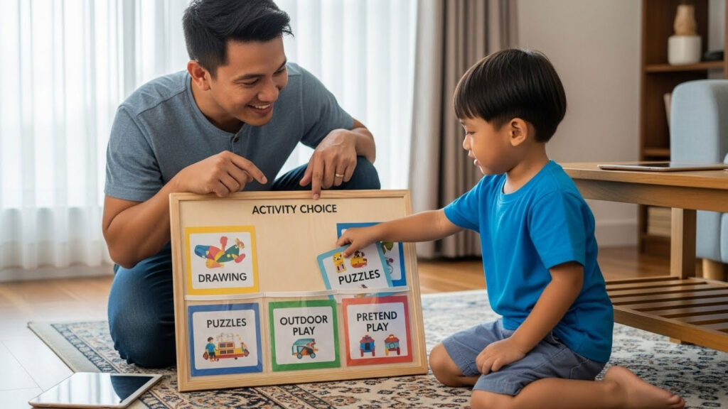 Anak Melayu memilih aktiviti dari papan pilihan berwarna seperti melukis, bermain blok, membaca atau pretend play sebagai alternatif kepada gajet.