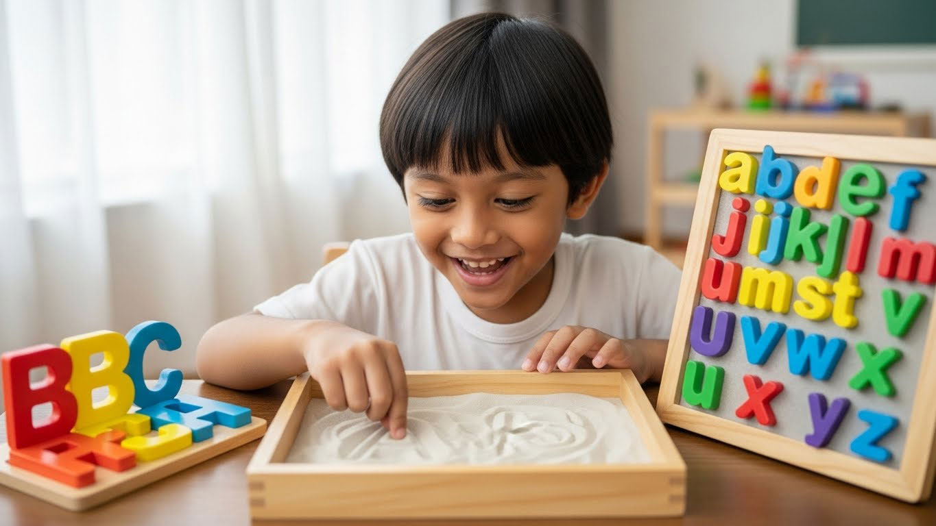 Kanak-kanak Melayu bermain di stesen huruf mini seperti dulang pasir huruf, puzzle abjad dan magnet huruf secara bergilir.