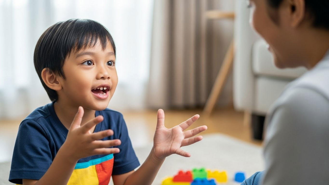 Kanak-kanak Melayu berumur 4 tahun bercerita dengan ayat pendek kepada ibu bapa sambil menggunakan ekspresi muka dan gerakan tangan.