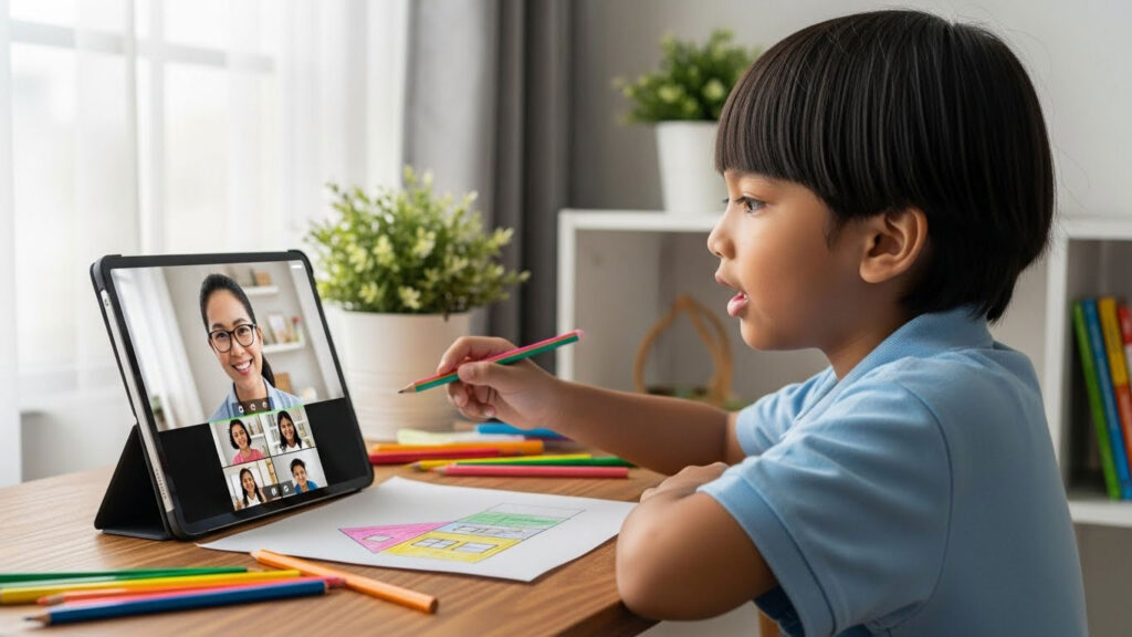 Anak Melayu bercakap dengan guru dalam kelas online, kelihatan yakin dan terlibat secara aktif semasa sesi pembelajaran.