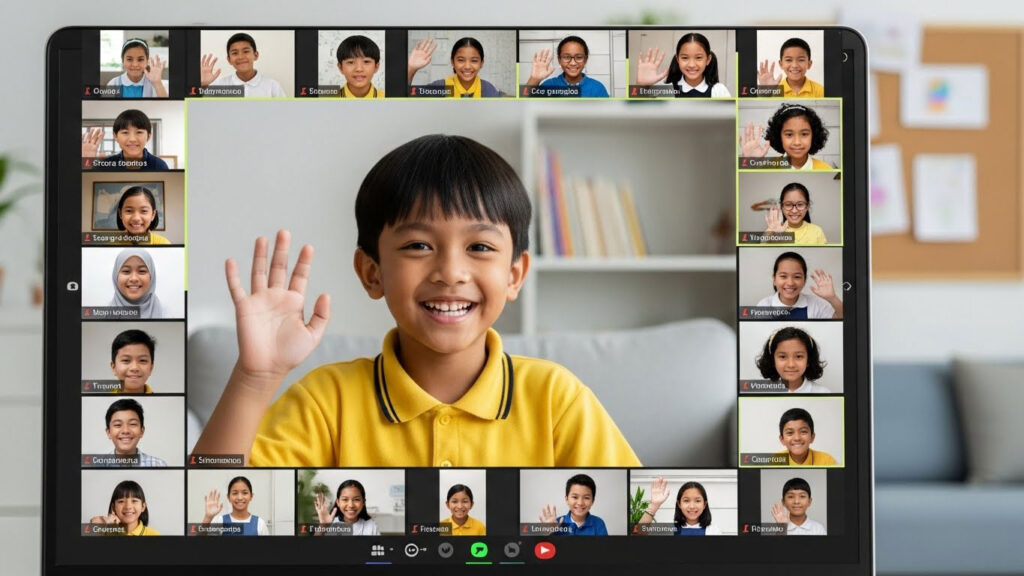 Anak Melayu tersenyum dan melambaikan tangan kepada rakan sekelas dalam panggilan video kelas online, menunjukkan hubungan sosial walaupun belajar dari rumah.