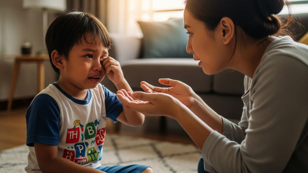 Anak Melayu menggosok mata sambil menangis, sementara ibu atau bapa melutut dengan lembut menawarkan pelukan untuk menenangkan.