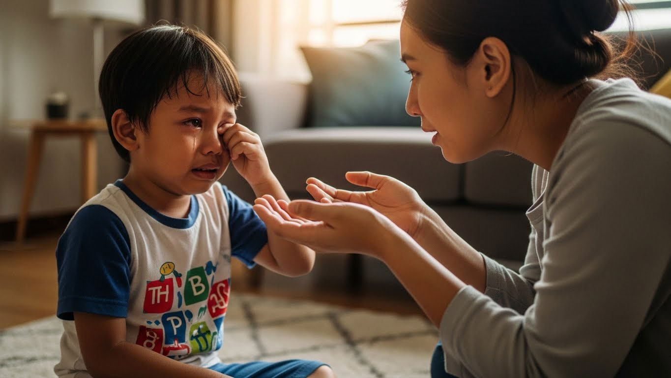 Anak Melayu menggosok mata sambil menangis, sementara ibu atau bapa melutut dengan lembut menawarkan pelukan untuk menenangkan.