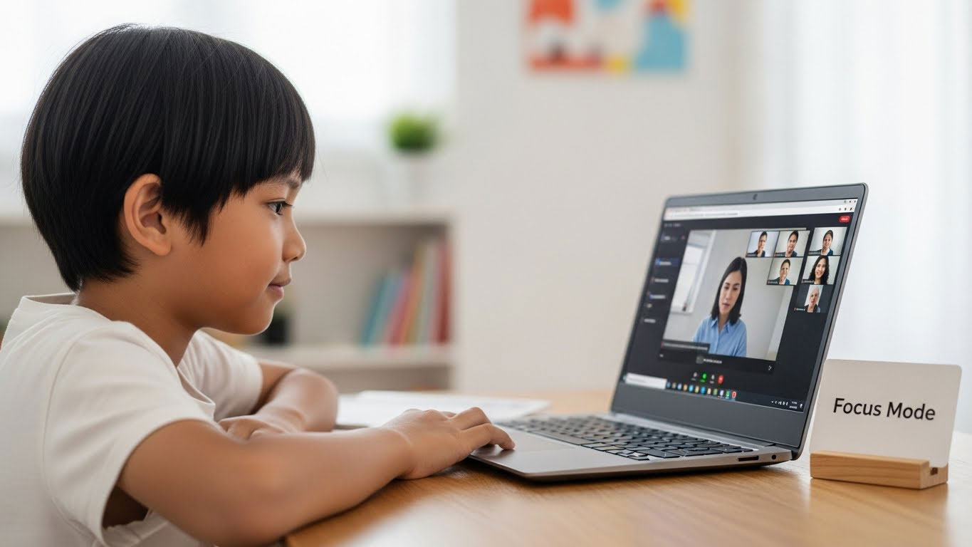 Anak Melayu mengikuti kelas online dengan fokus, telefon disimpan dalam kotak tertutup bertanda “Later” dan kad fokus di atas meja.