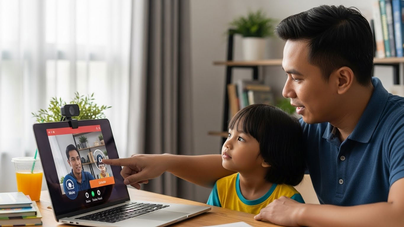 Ibu atau bapa Melayu mengajar anak menekan butang mute, unmute dan raise hand pada aplikasi kelas online sebelum kelas bermula.