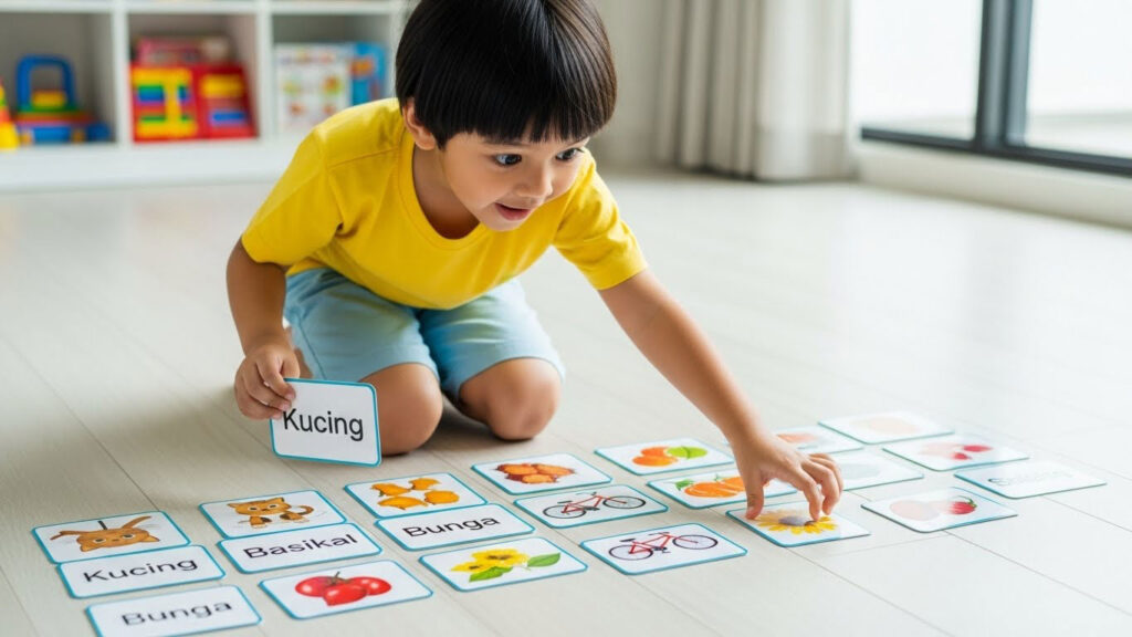 Seorang kanak-kanak Melayu sedang memadankan kad perkataan dengan kad bergambar di lantai sambil belajar membaca dengan fokus dan gembira.