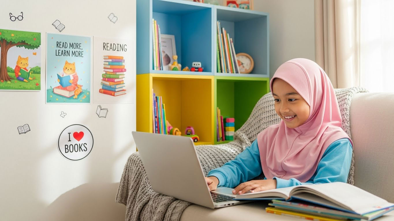 Kanak-kanak perempuan Melayu bertudung berumur 5 tahun mengikuti kelas online di rumah, duduk berhampiran rak buku berwarna dan sudut membaca ceria.