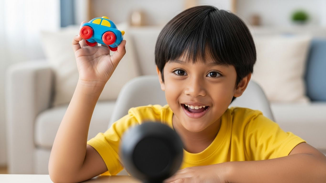 Anak Melayu menunjukkan permainan kecil atau buku kepada kamera semasa sesi show and tell dalam kelas online, kelihatan teruja dan yakin.