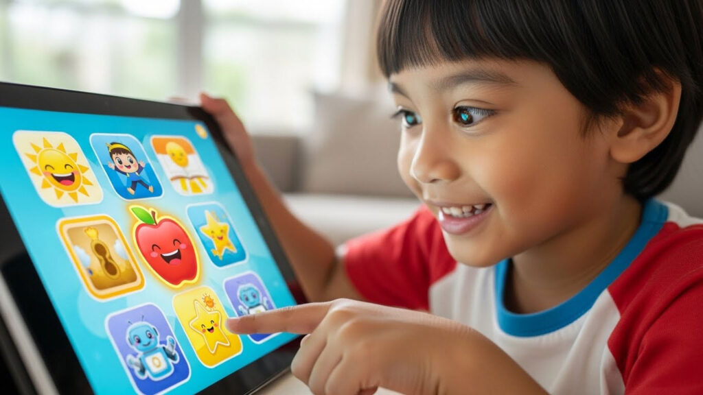 Anak Melayu berinteraksi dengan aktiviti pembelajaran digital yang mempunyai ikon berwarna, animasi dan butang interaktif di skrin.