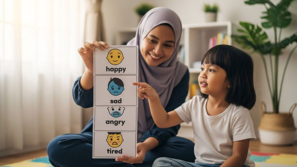 Ibu atau bapa Melayu menunjukkan kad emosi seperti gembira, sedih, marah dan takut, sementara anak memilih kad yang mewakili perasaannya.
