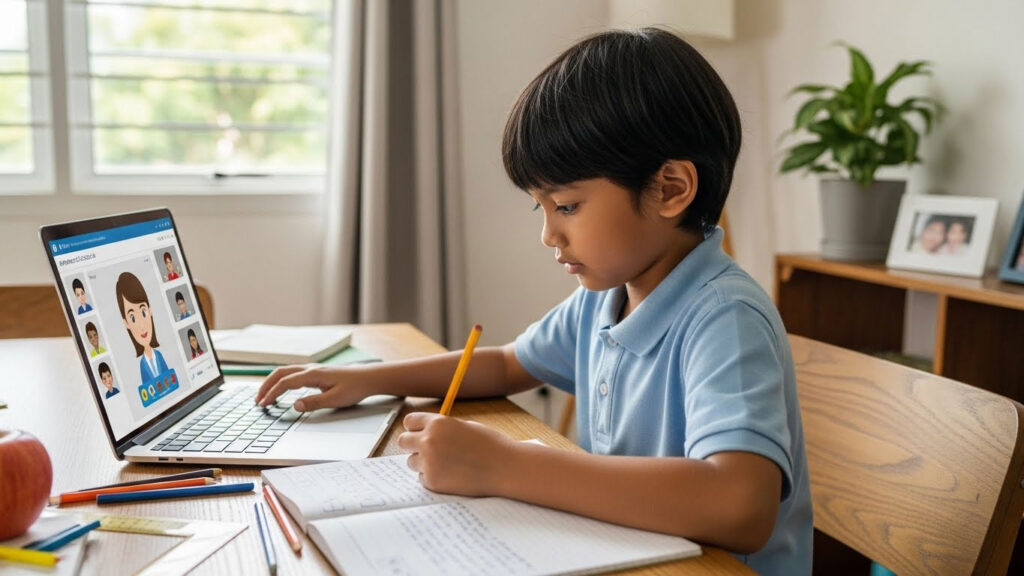Anak Melayu berlatih mock online class di rumah sambil duduk di depan laptop untuk membiasakan diri sebelum kelas sebenar.