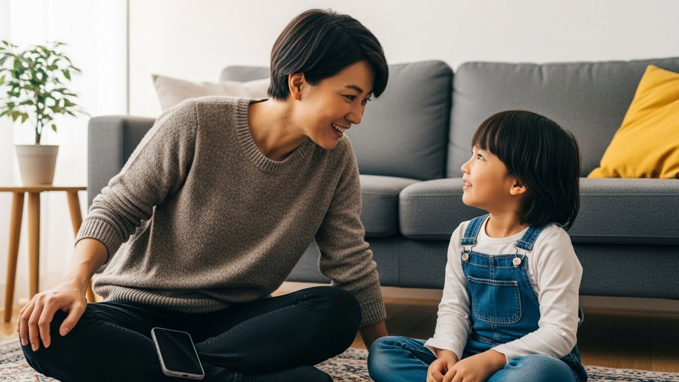 Ibu atau bapa Melayu duduk di lantai mendengar anak dengan penuh perhatian sambil meletakkan telefon ke tepi, menunjukkan kehadiran emosi sepenuhnya.